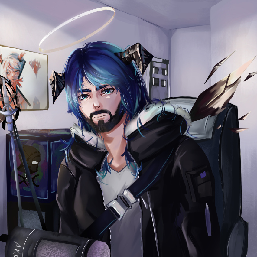 1boy, absurdres, arknights, bangs, beard, black_jacket, blue_eyes, blue_hair, commentary_request, cr1tikal, facial_hair, genderswap, genderswap_(ftm), halo, highres, horns, indoors, jacket, long_hair, long_sleeves, looking_at_viewer, maou_lewdwig, mostima_(arknights), nian_(arknights), shirt, solo, staff, upper_body, white_shirt