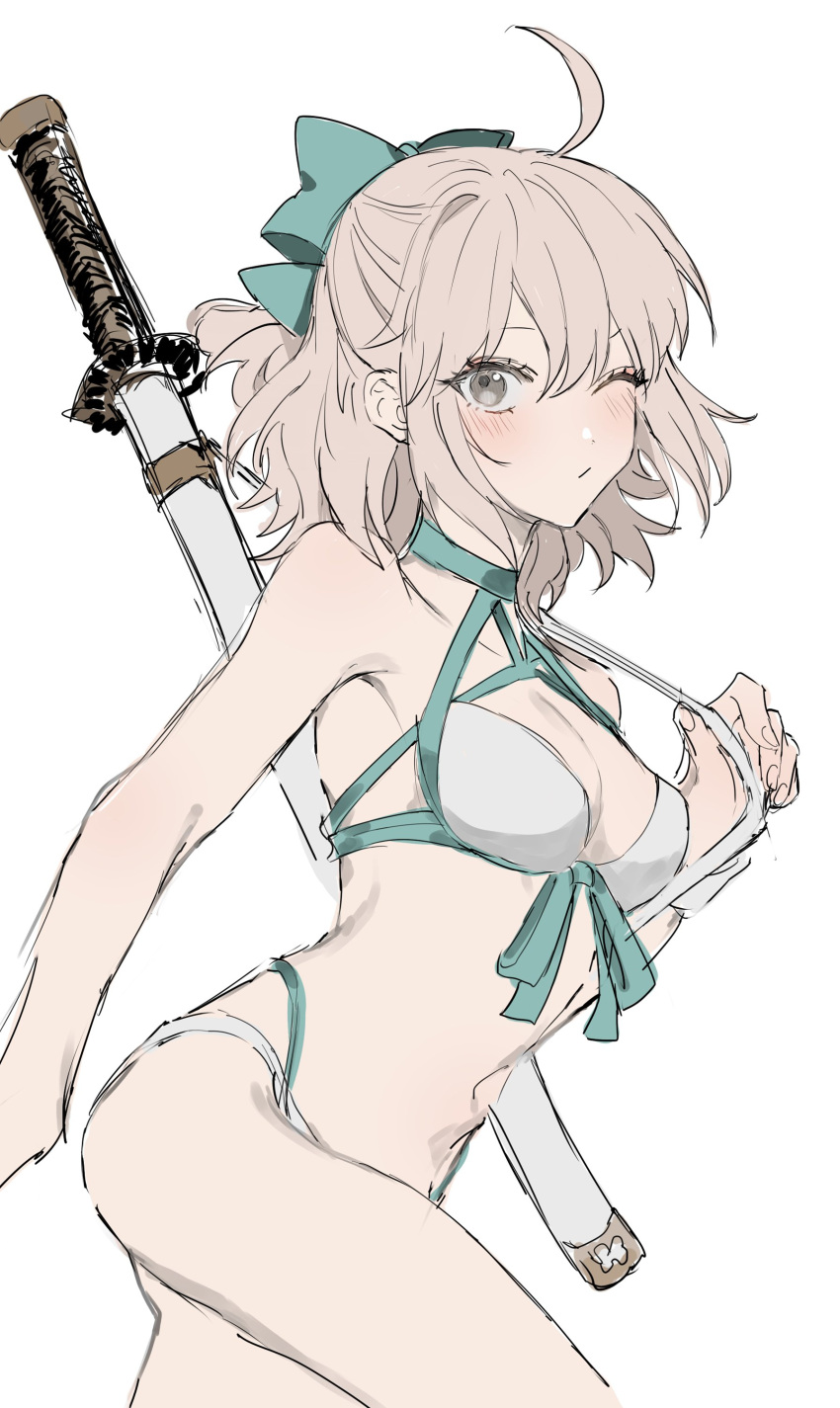 1girl, absurdres, ahoge, armpits, bangs, bare_shoulders, bikini, blonde_hair, bow, breasts, carrying_over_shoulder, closed_mouth, collarbone, cowboy_shot, fate/grand_order, fate_(series), green_bow, green_ribbon, grey_eyes, highres, katana, light_blush, looking_at_viewer, medium_breasts, medium_hair, navel, okita_j._souji_(fate), okita_j._souji_(third_ascension)_(fate), okita_souji_(fate), one_eye_closed, ribbon, sidelocks, simple_background, sketch, solo, string_bikini, swimsuit, sword, thighs, weapon, white_background, white_bikini, yurumawari