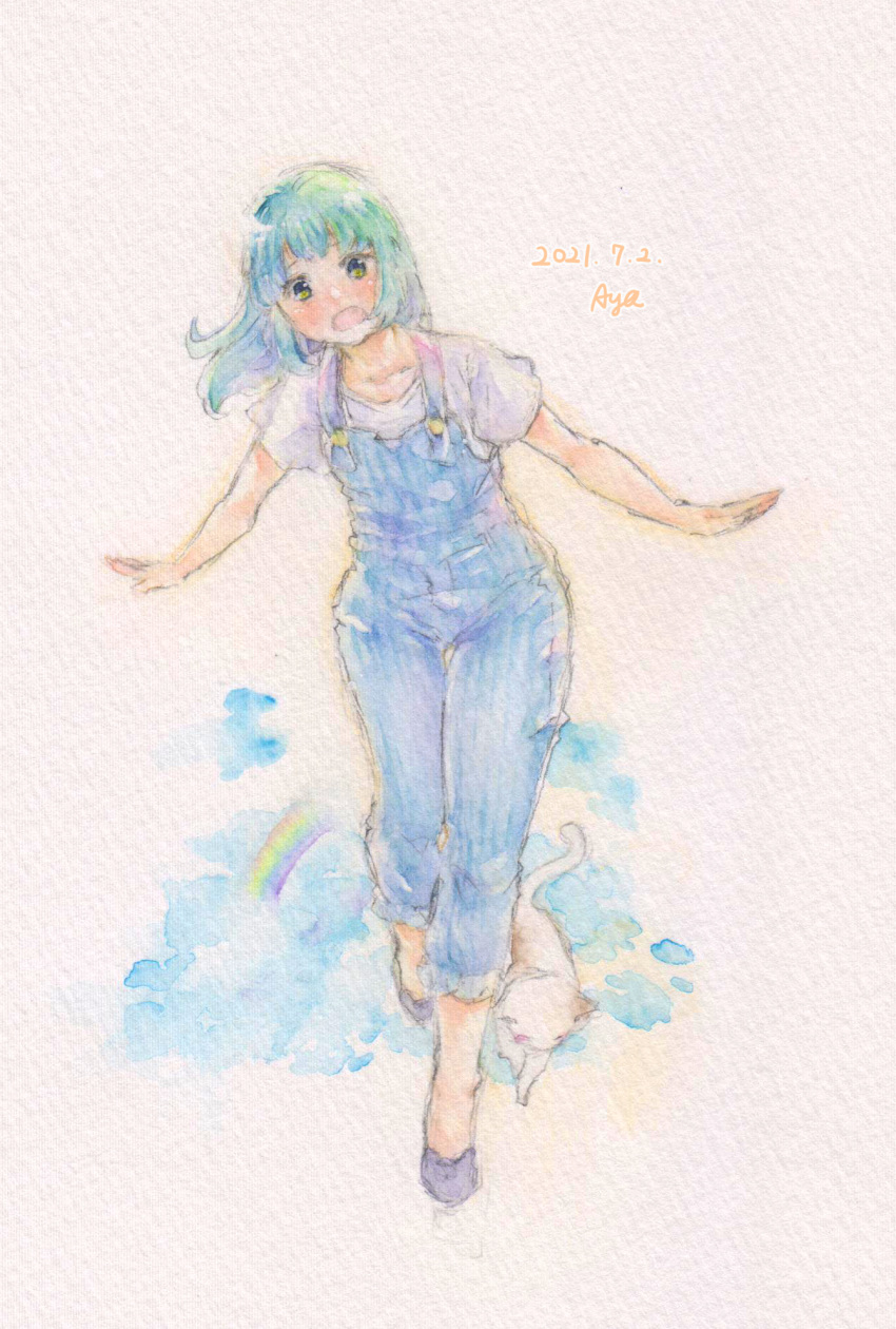 1girl, aqua_hair, blue_overalls, cape, collarbone, dated, dungarees, full_body
