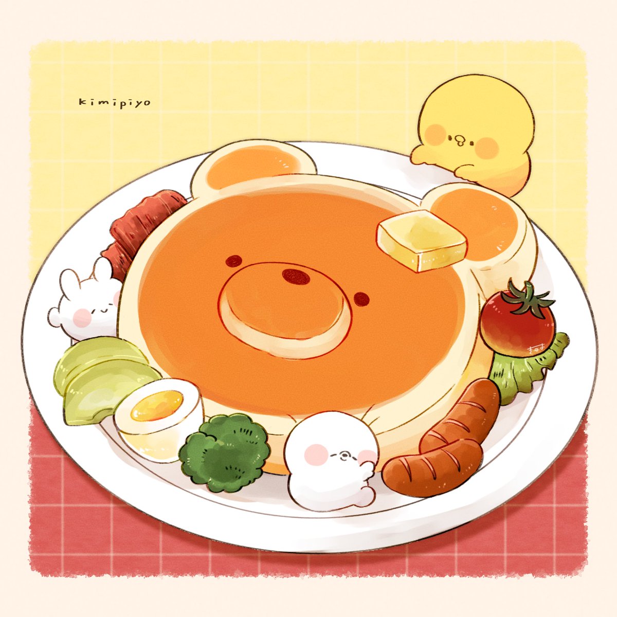 3others, animal-shaped_food, bacon, bear, bird, blush_stickers, butter, character_name