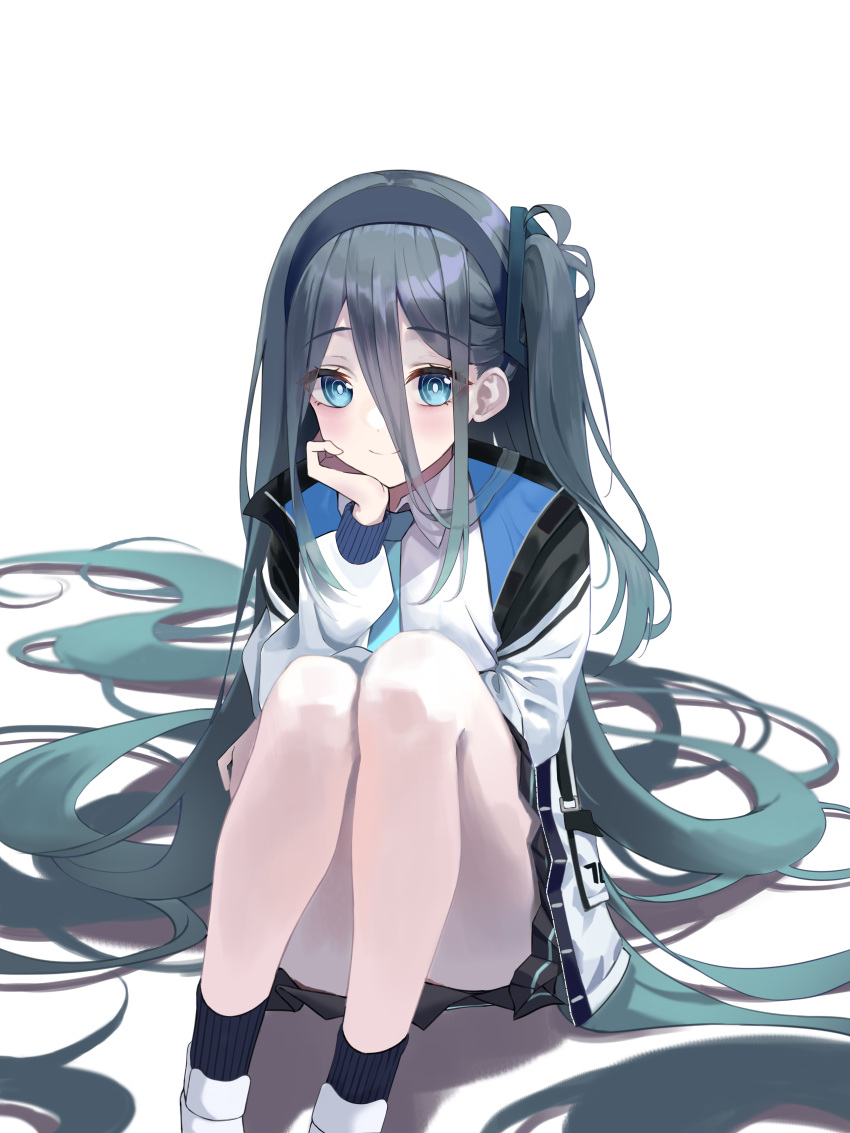 1girl, absurdly_long_hair, absurdres, arisu_(blue_archive), arm_on_thigh, black_skirt, blue_archive, blue_eyes