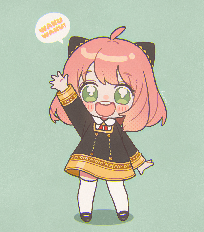 1girl, :d, anya_(spy_x_family), bangs, black_dress, blush, chibi, collared_shirt