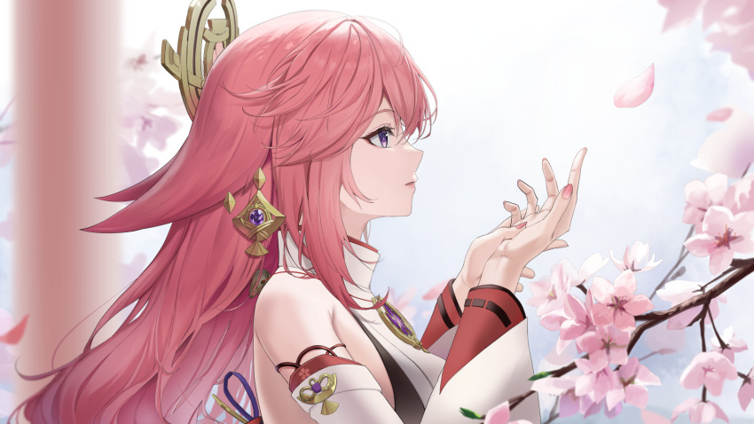 1girl, animal_ears, bangs, bare_shoulders, cherry_blossoms, detached_sleeves, earrings, eyelashes