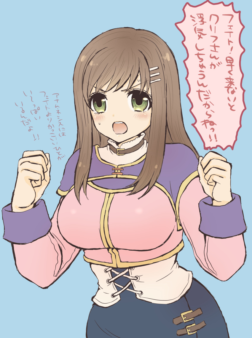 1girl, blush, breasts, brown_hair, green_eyes, hair_ornament, hairclip, higemaccho