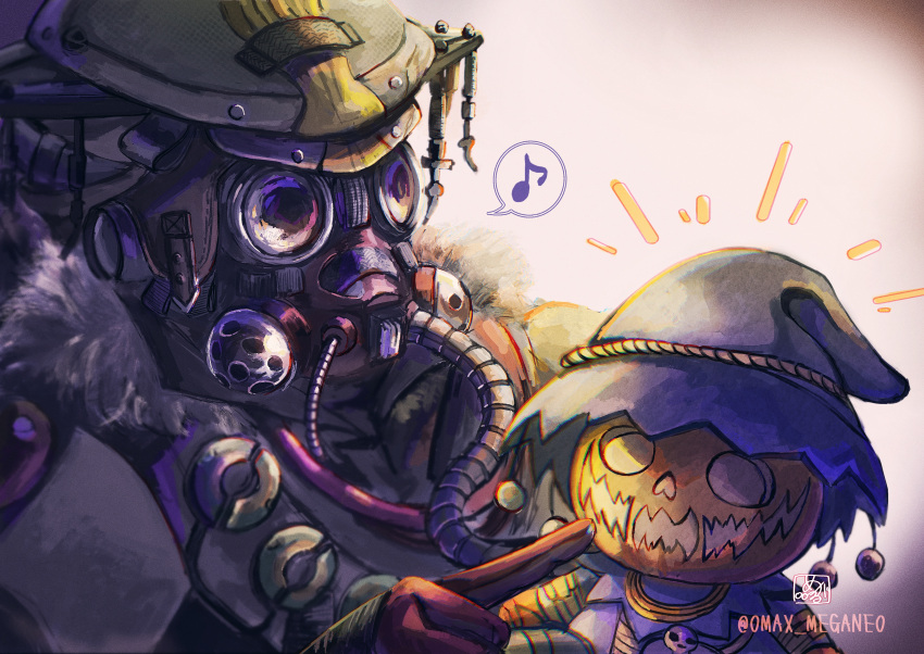 1other, absurdres, ambiguous_gender, apex_legends, bloodhound_(apex_legends), brown_jacket, cable, character_doll, doll, fur_trim, gloves, goggles, helmet, highres, holding, holding_doll, jacket, megane_(0max_megane0), musical_note, poking, protector_of_the_patch_bloodhound, rebreather, red_gloves, solo, speech_bubble, spoken_musical_note, twitter_username