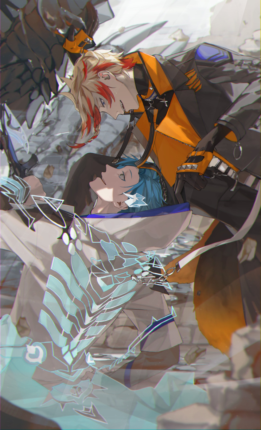 2boys, absurdres, axel_syrios, black_gloves, black_jacket, blonde_hair, blue_eyes, blue_hair