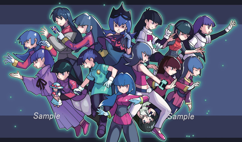 6+girls, bellelba_(pokemon), bent_spoon, black_bodysuit, black_hair, black_pantyhose, blue_shirt, bodysuit