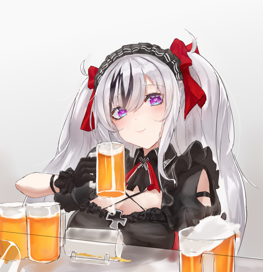 1girl, absurdres, alcohol, azur_lane, bangs, beer, beer_mug, black_dress