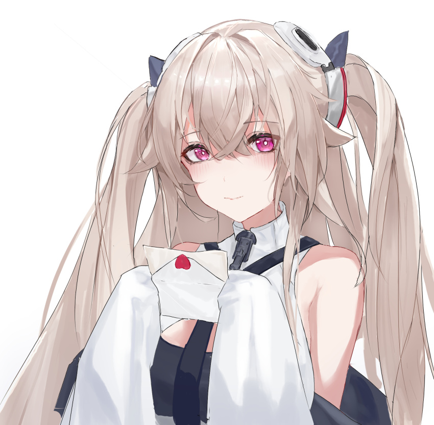 1girl, anchorage_(azur_lane), azur_lane, bangs, blonde_hair, blush, breasts, closed_mouth, hair_ornament, hairclip, highres, holding, holding_letter, letter, lips, long_hair, looking_at_viewer, lump_saury, solo, twintails, two-tone_dress, upper_body, very_long_hair, violet_eyes, white_background