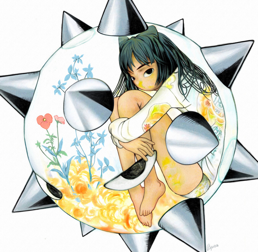 1girl, absurdres, bangs, bare_legs, barefoot, black_eyes, black_hair, blue_leaf