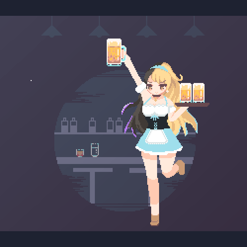 1girl, animated, animated_gif, aqua_hairband, bangs, bare_legs, beer_mug, blonde_hair, brown_eyes, brown_footwear, cup, dirndl, earrings, german_clothes, hairband, jewelry, long_hair, looping_animation, lowres, mug, original, pixel_art, shoes, solo, sotie, tray