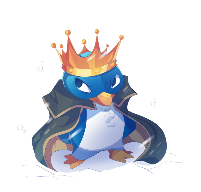 bird, black_coat, blue_eyes, cape, coat, crown, english_commentary, full_body, highres, king_penguin_(mario), no_humans, penguin, playcenter, simple_background, solo, standing, super_mario_bros., the_super_mario_bros._movie, white_background