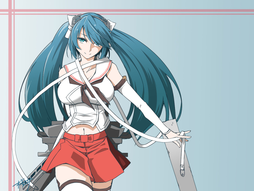 1girl, asuka_sakurai, black_neckerchief, blue_eyes, blue_hair, breasts, commentary_request, detached_sleeves