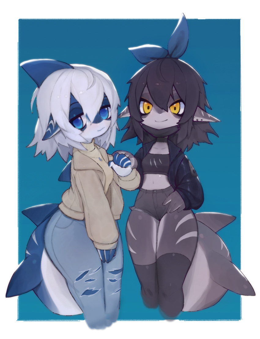 2girls, absurdres, black_hair, blue_eyes, furry, furry_female, highres, multiple_girls, non-web_source, shark, short_hair, uyu_(soda_uyu), white_hair, yellow_eyes