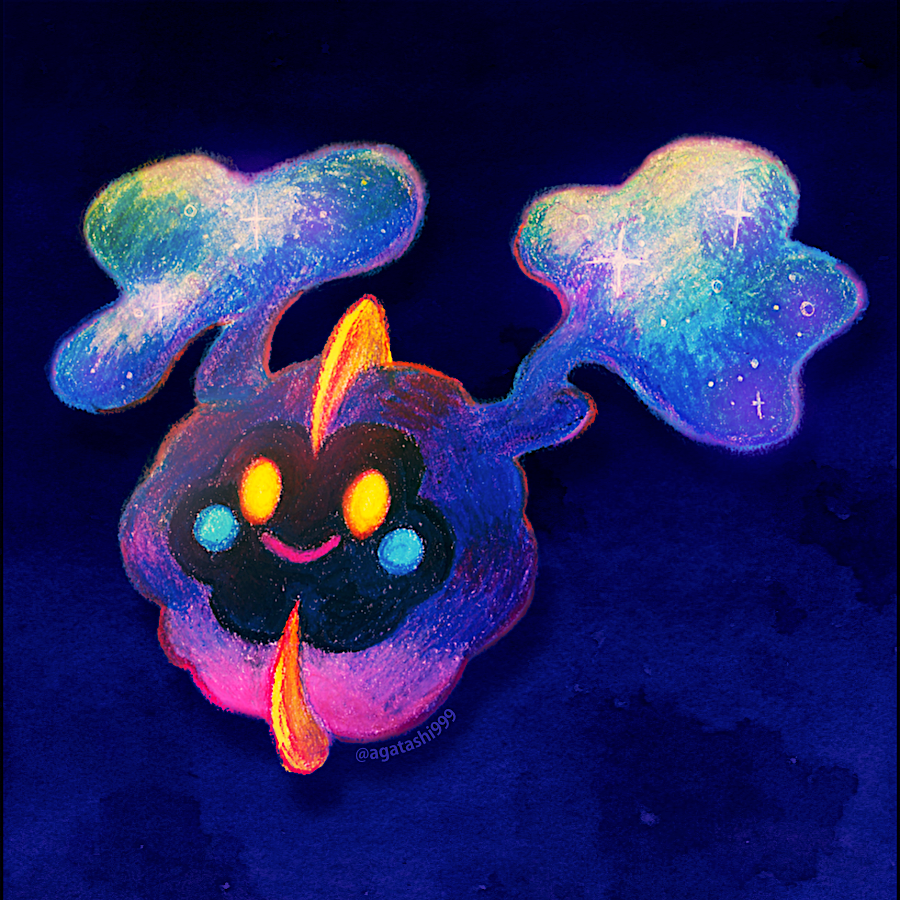 blue_background, blush_stickers, closed_mouth, commentary_request, cosmog, full_body, happy, hisashi999