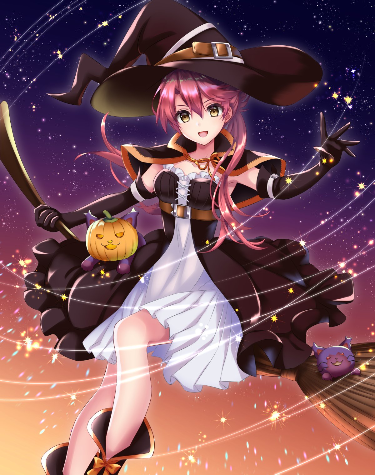 1girl, black_gloves, boots, broom, broom_riding, dress, eiyuu_densetsu, gloves