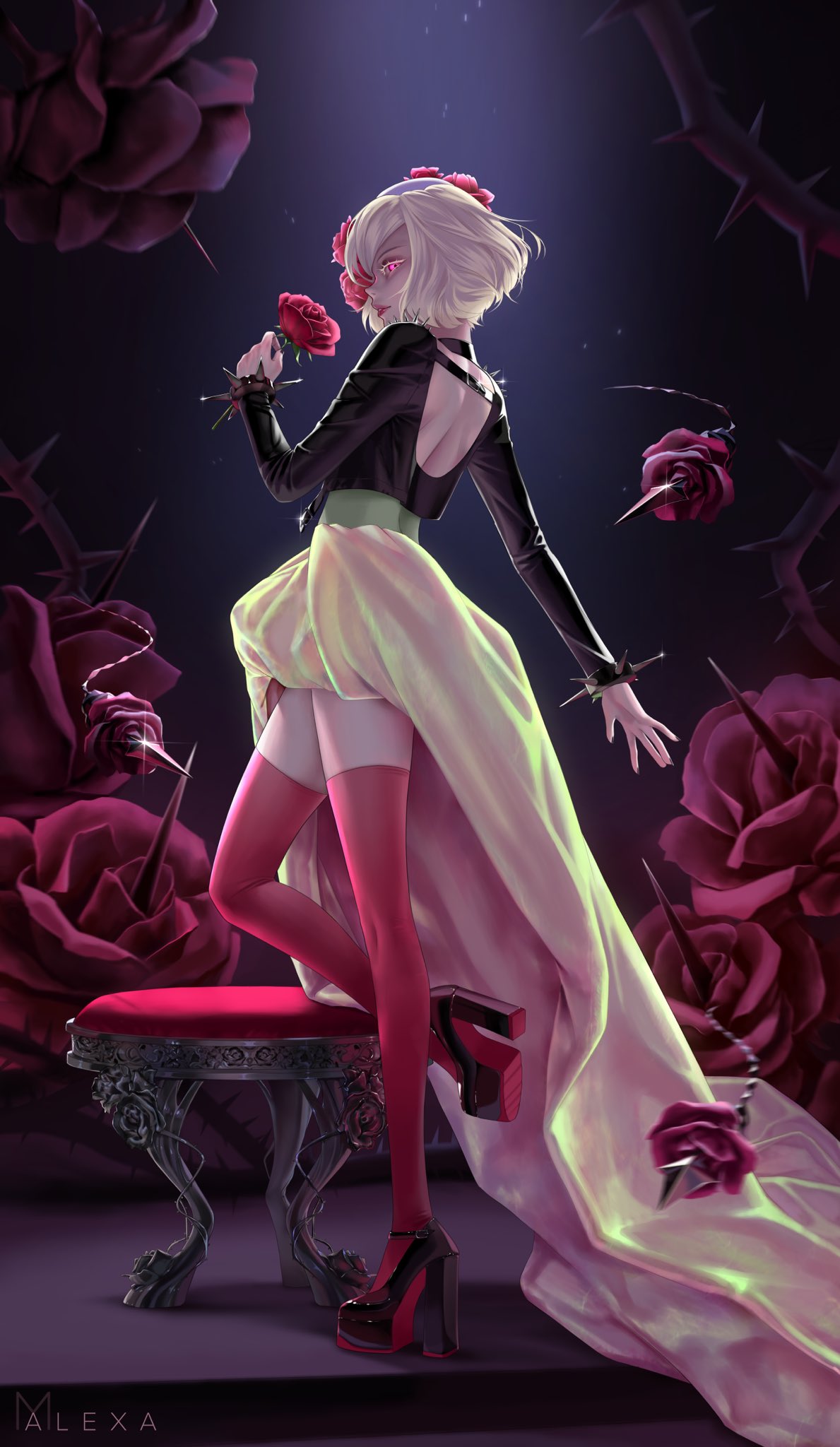 1girl, artist_name, black_shirt, blonde_hair, character_request, dislyte, flower, from_side