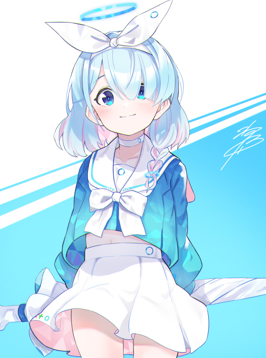 1girl, arms_behind_back, arona_(blue_archive), blue_archive, blue_eyes, blue_hair, blue_shirt, blue_sleeves