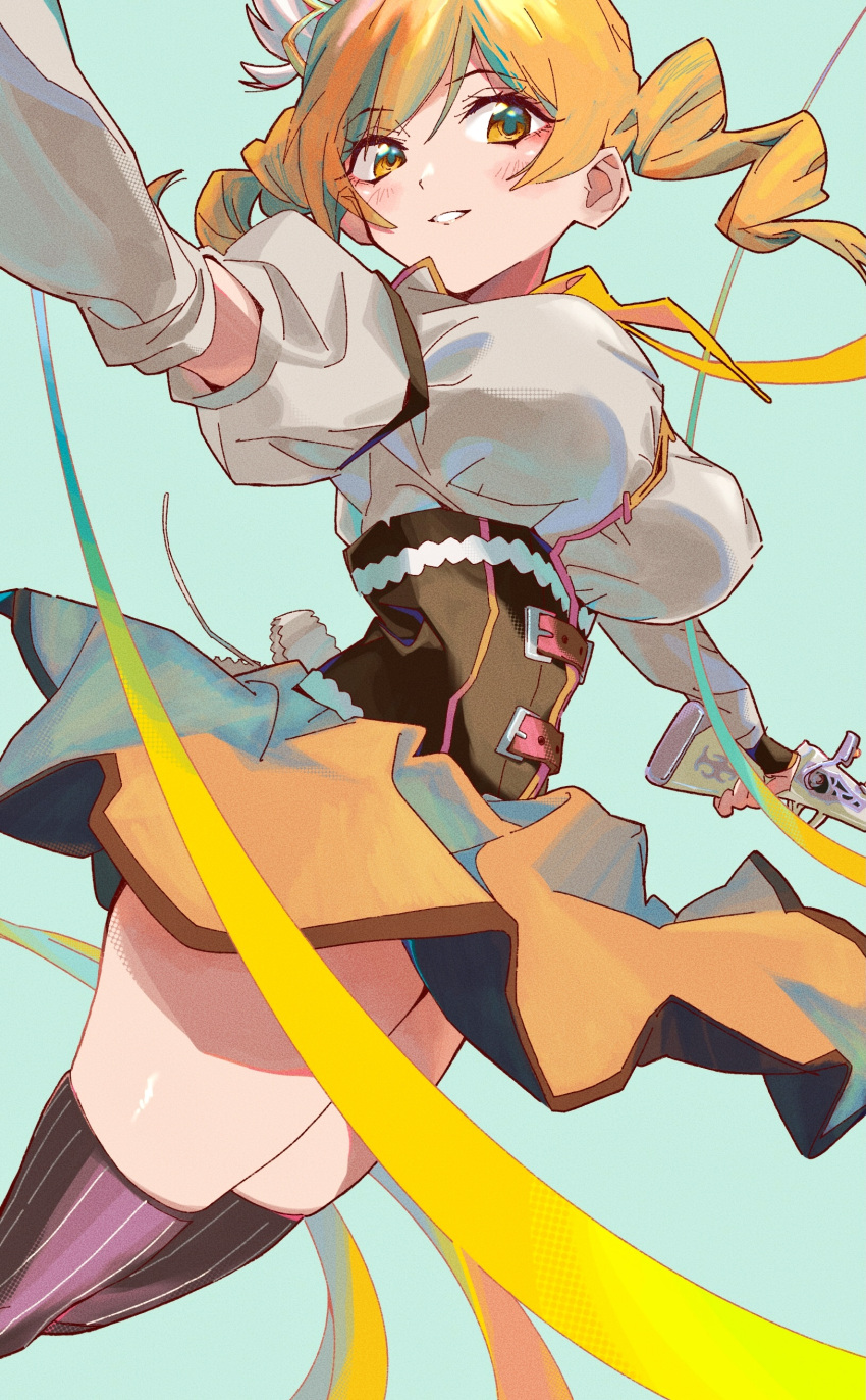 1girl, absurdres, aqua_background, blonde_hair, bloom_into_me15, blush, breasts, brown_gloves