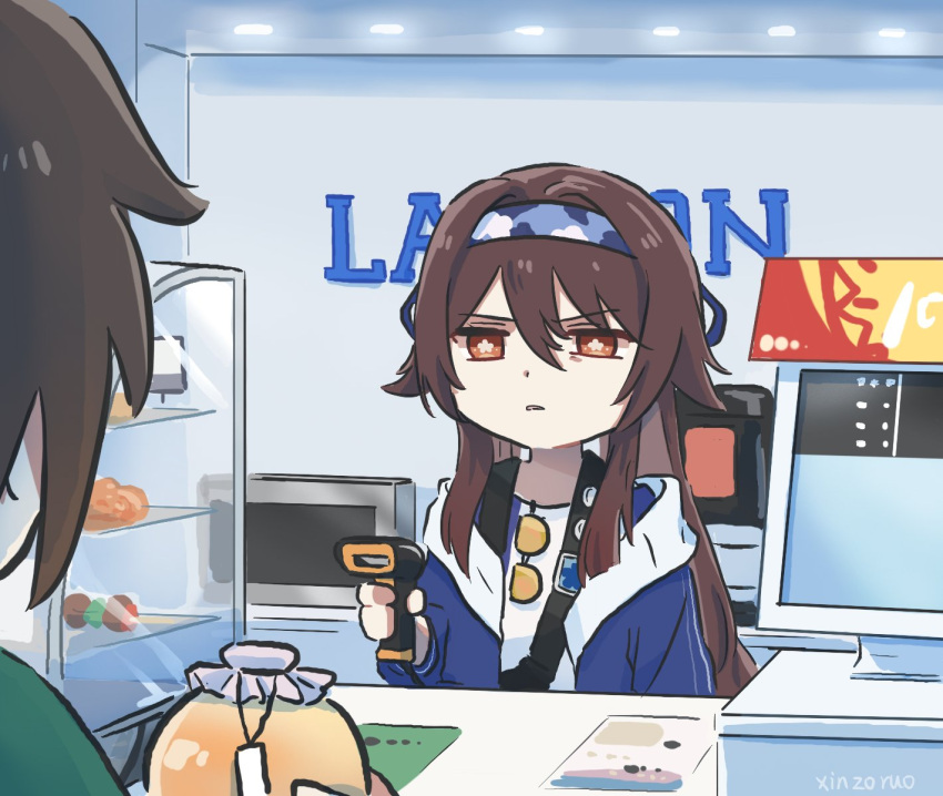 1boy, 1girl, barcode_scanner, blue_hairband, blue_jacket, brown_hair, camouflage, camouflage_hairband