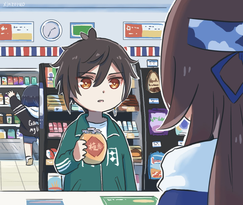 1boy, 2girls, bag_of_chips, black_hair, blue_hairband, bottle, brown_eyes, brown_hair
