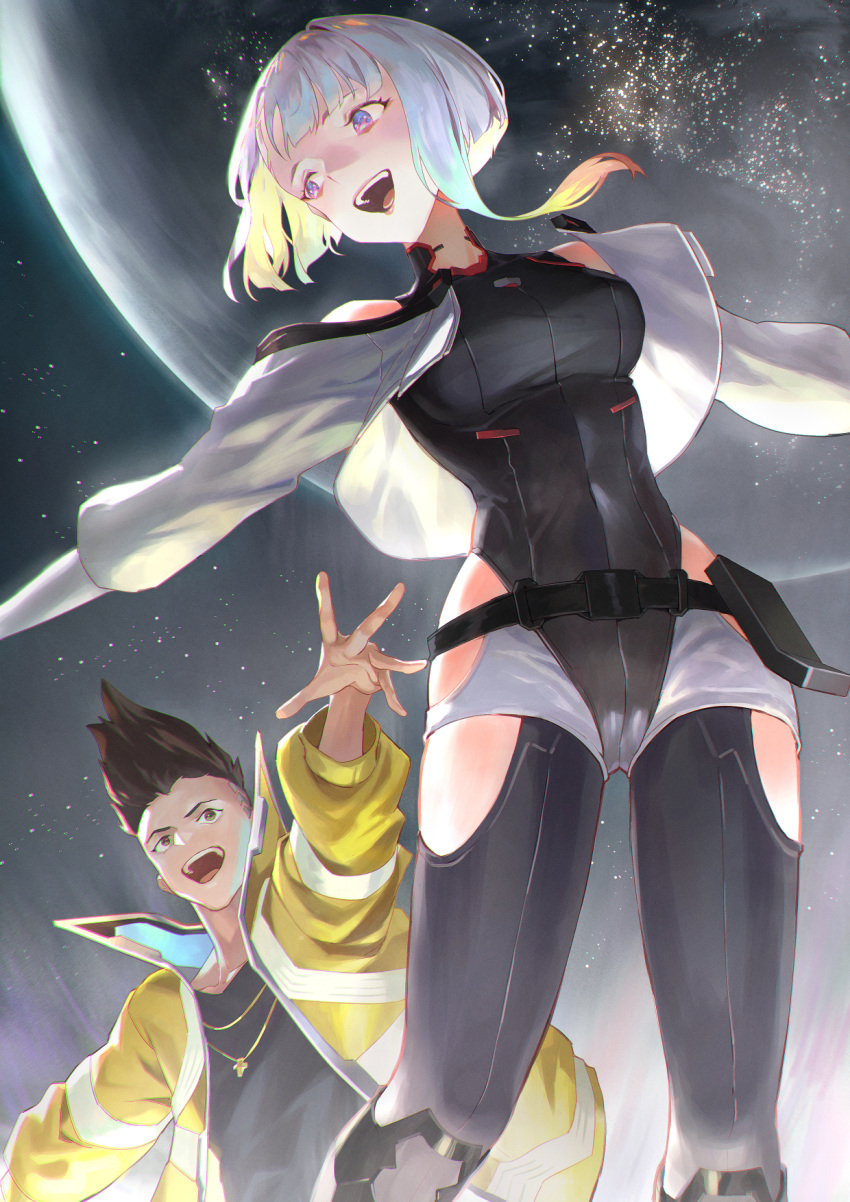 1boy, 1girl, couple, cyberpunk_(series), cyberpunk_edgerunners, david_martinez, highres, kyou-chan