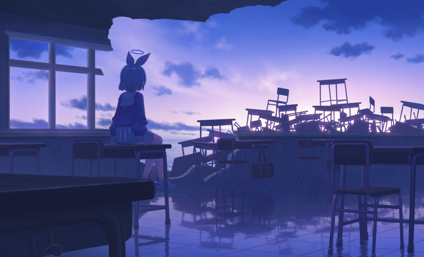 1girl, absurdres, arona_(blue_archive), bag, blue_archive, blue_hair, broken_wall, chair