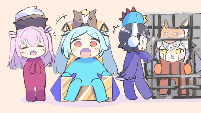 .live, 4girls, animal_costume, animal_ear_fluff, animal_ears, black_hair, blue_hair, cage, chair, cosplay, empty17033658, extra_ears, grey_hair, headphones, highres, himekuma_ribon, humboldt_penguin_(kemono_friends), island_fox_(kemono_friends), kemono_friends, kemono_friends_v_project, kigurumi, long_hair, multiple_girls, open_mouth, orange_eyes, pink_hair, re:act, short_hair, simple_background, tail, virtual_youtuber, yamato_iori, yellow_eyes