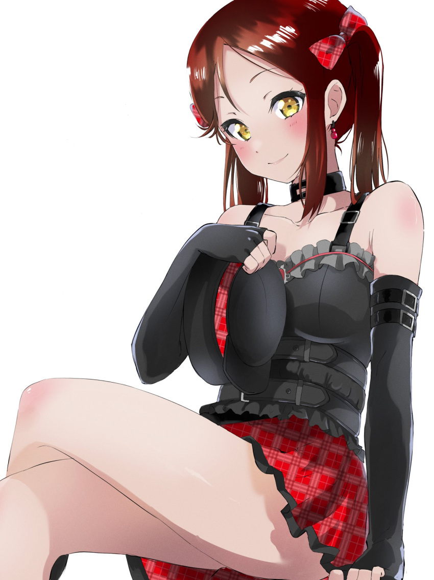 1girl, belt, black_choker, blush, bow, brown_hair, choker, crossed_legs