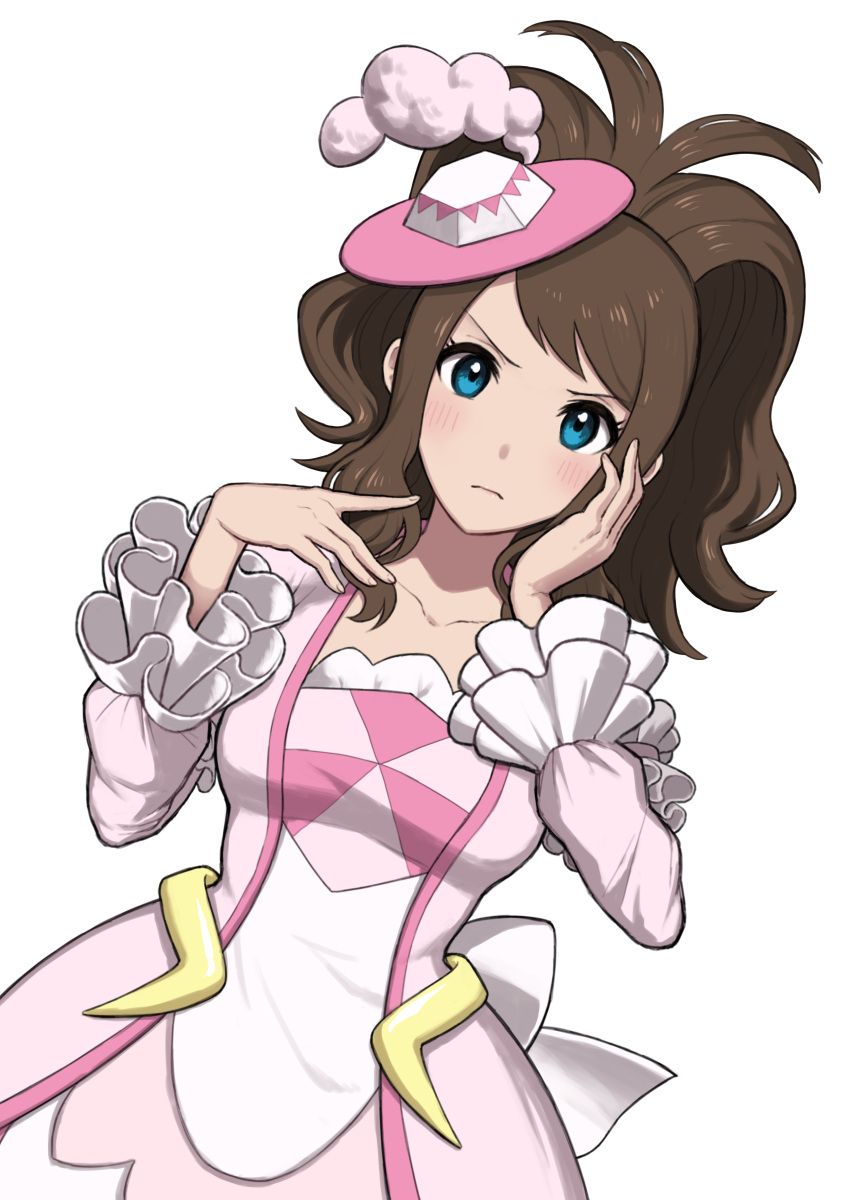 1girl, absurdres, bangs, blue_eyes, blush, brown_hair, closed_mouth, collarbone
