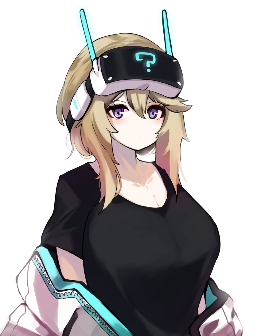 1girl, bangs, black_shirt, breasts, brown_hair, counter:side, goggles, hair_between_eyes, highres, hosua, jacket, large_breasts, open_clothes, open_jacket, shirt, sidelocks, solo, violet_eyes, zanlyu, zipper