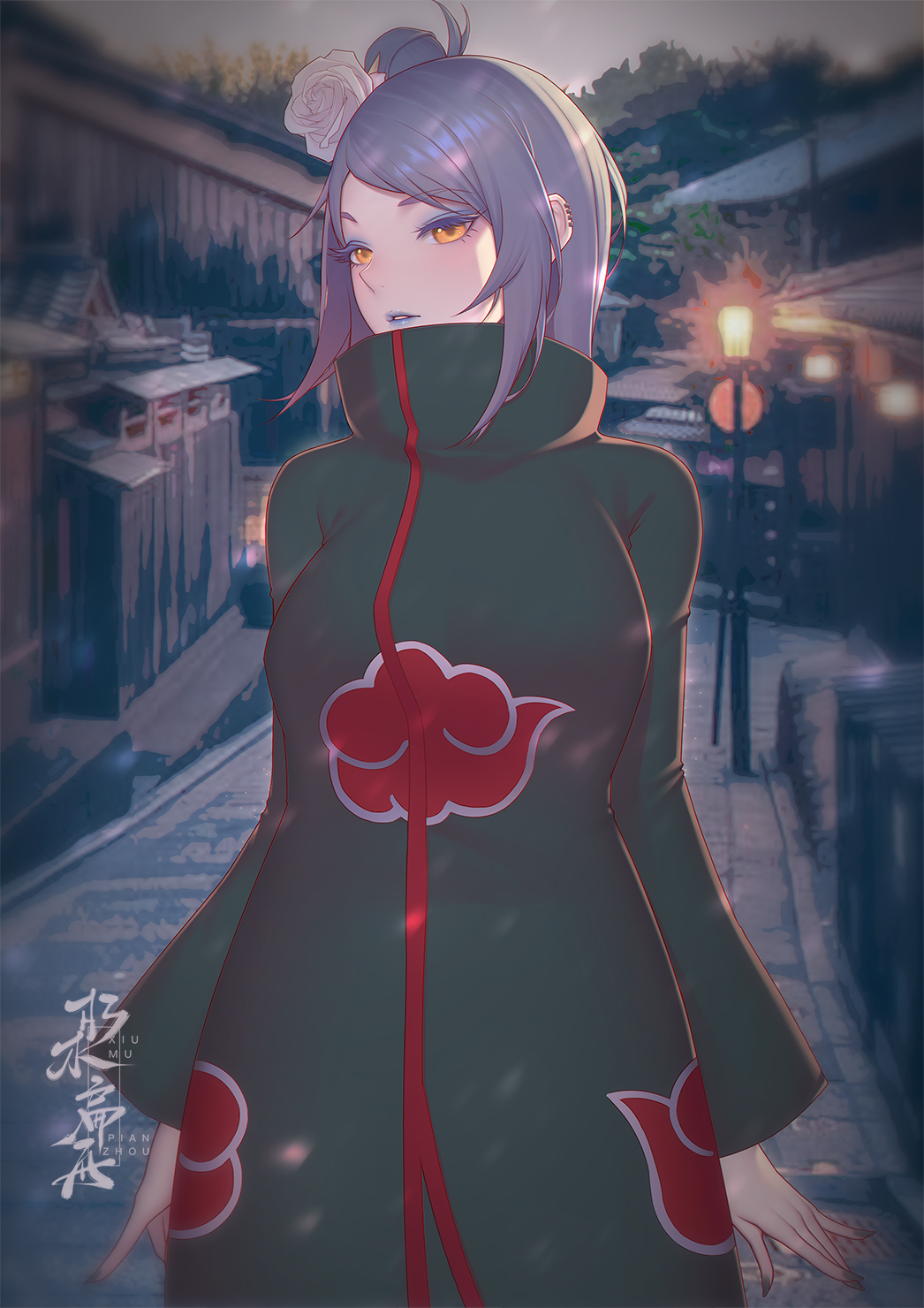 1girl, arms_at_sides, black_coat, black_nails, blue_tongue, coat, colored_tongue, cow
