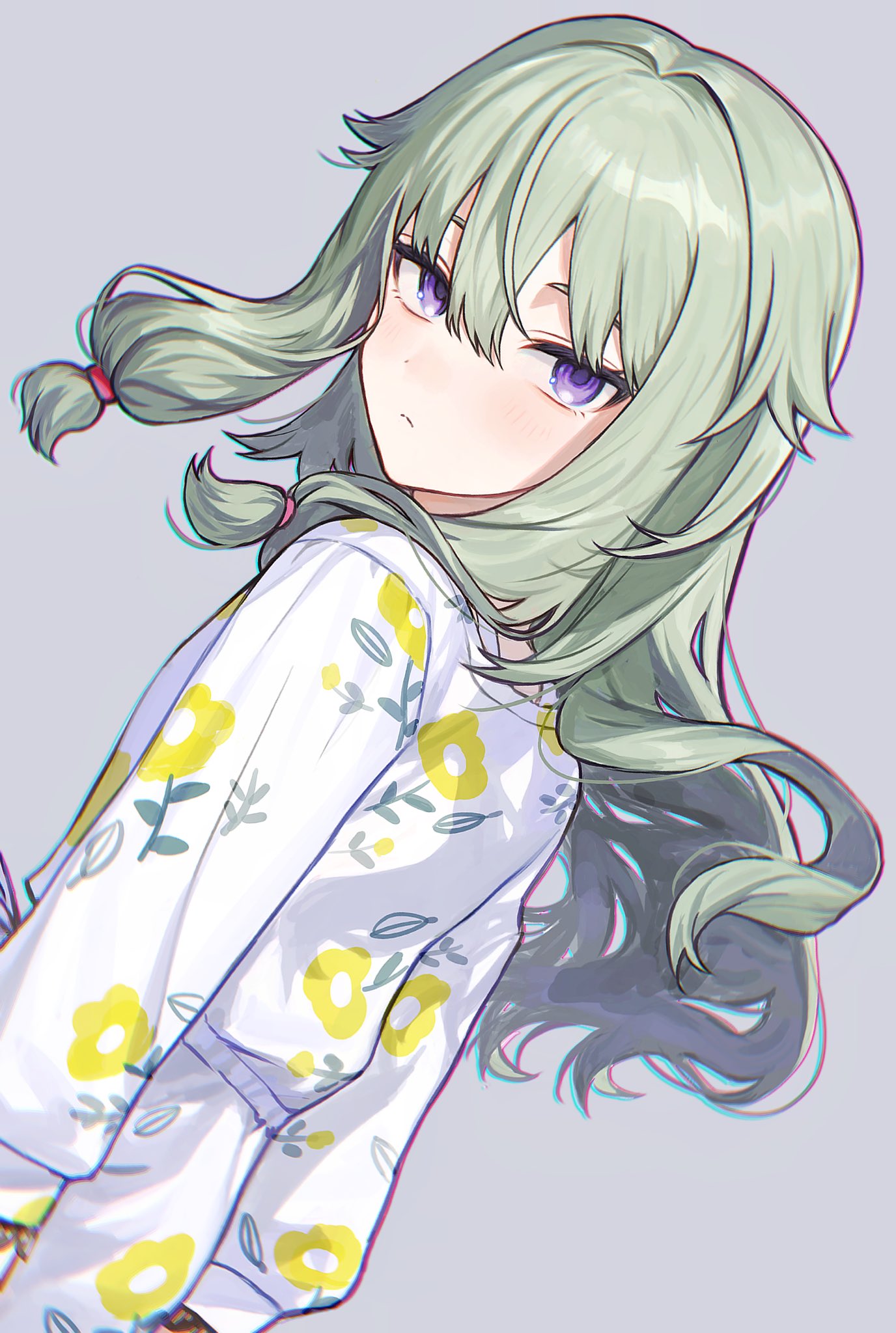 1girl, bangs, closed_mouth, commentary_request, dress, dutch_angle, floating_hair, floral_print