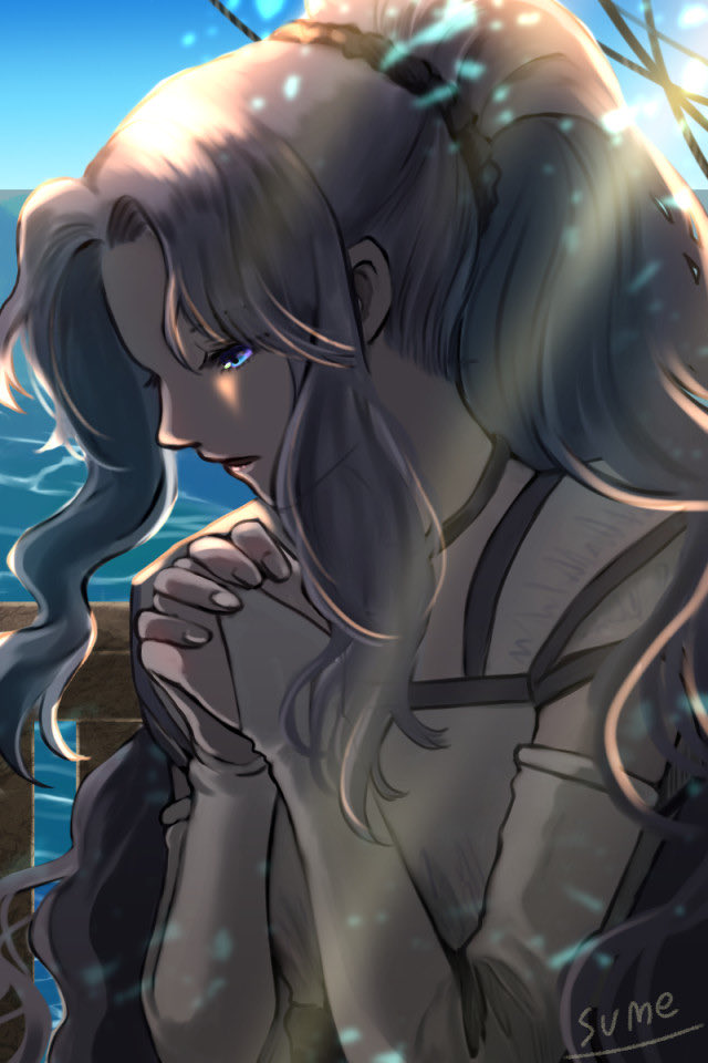1girl, artist_name, blue_eyes, fingerless_gloves, gloves, long_hair, open_mouth, ponytail, praying, purple_hair, renee_(tear_ring_saga), solo, sumeragi_(black_rose), tear_ring_saga, tear_ring_saga:_utna_heroes_saga, water