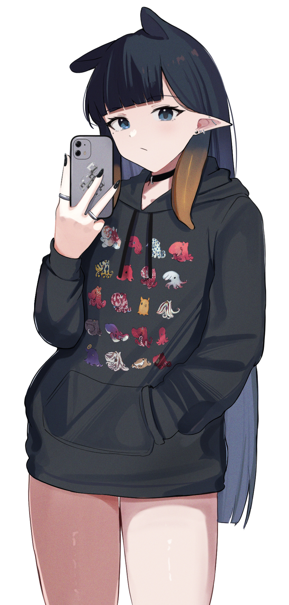 1girl, bangs, barbell_piercing, black_hair, black_hoodie, black_nails, blue_eyes, blunt_bangs, casual, choker, closed_mouth, cowboy_shot, earrings, extra_ears, fingernails, gradient_hair, hand_in_pocket, highres, hololive, hololive_english, hood, hoodie, jewelry, ku_roiko, long_fingernails, long_hair, long_sleeves, looking_at_viewer, mole, mole_under_eye, multicolored_hair, multiple_piercings, multiple_rings, ninomae_ina'nis, no_pants, octopus, orange_hair, piercing, pointy_ears, print_hoodie, ring, selfie, simple_background, solo, tentacle_hair, thigh_gap, very_long_hair, virtual_youtuber, white_background