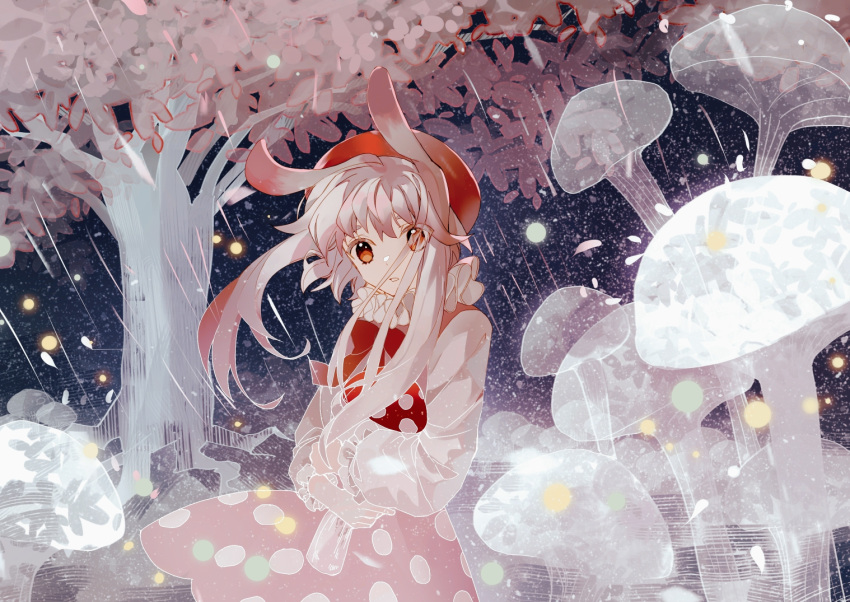 1girl, animal_ears, dress, hat, holding, holding_mushroom, light_brown_hair, long_hair, long_sleeves, looking_at_viewer, mushroom, neck_ruff, original, outdoors, polka_dot, polka_dot_dress, rabbit_ears, red_eyes, red_headwear, shashabiya_meng, solo, tree