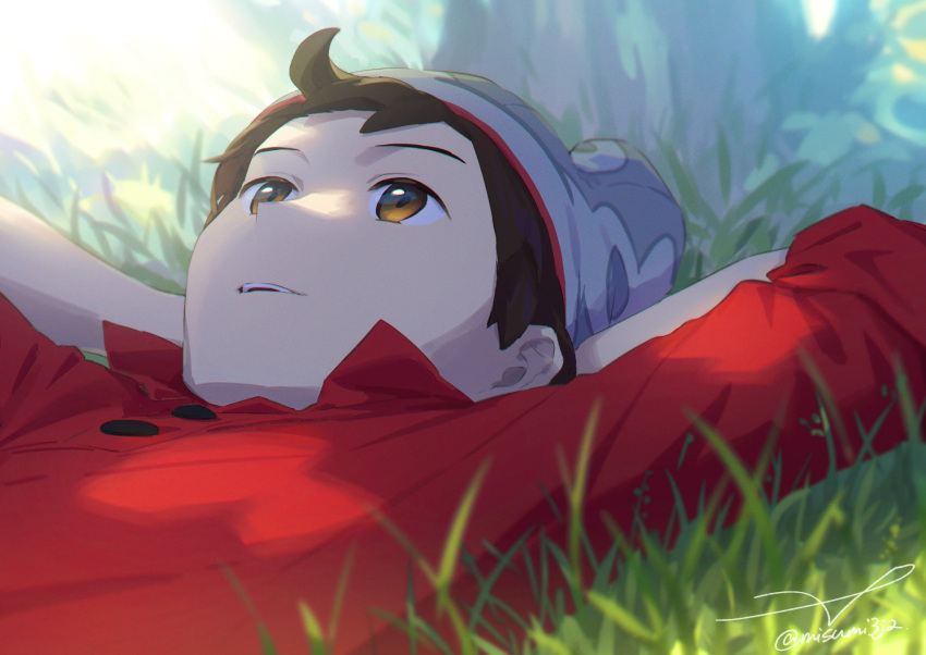 1boy, arms_behind_head, beanie, brown_eyes, brown_hair, buttons, commentary_request, day