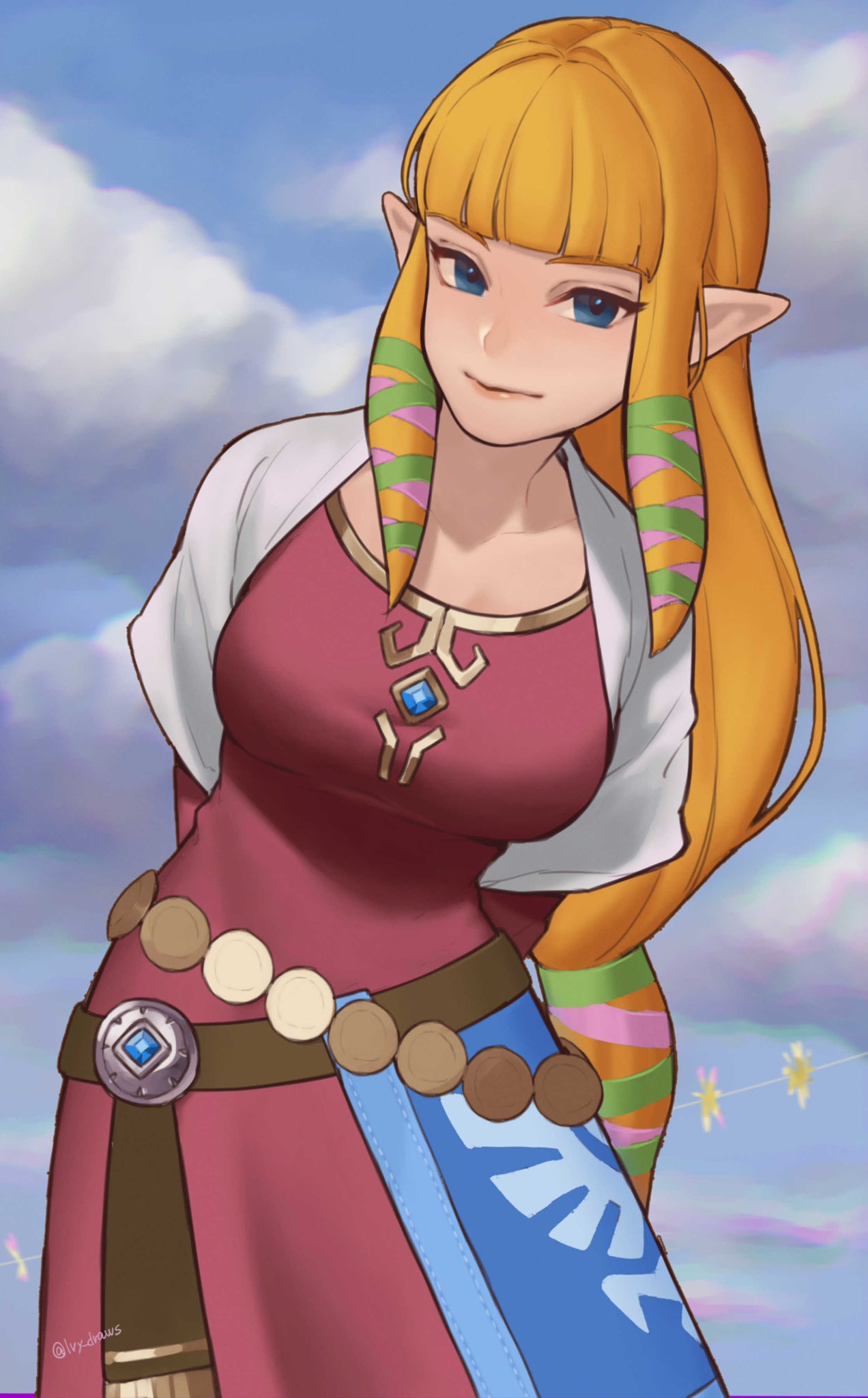 1girl, arms_behind_back, artist_name, bangs, belt, blonde_hair, blue_eyes, blunt_bangs, breasts, brown_belt, clouds, collarbone, day, gem, hair_ribbon, highres, ivy_(sena0119), large_breasts, leaning_to_the_side, long_hair, long_sleeves, outdoors, pointy_ears, princess_zelda, ribbon, smile, solo, the_legend_of_zelda, the_legend_of_zelda:_skyward_sword, tress_ribbon