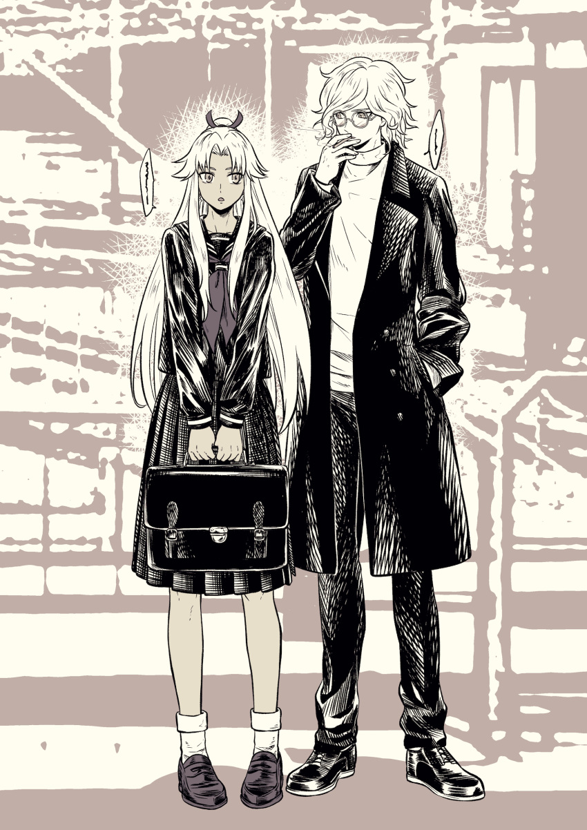 2boys, :o, absurdres, amakusa_shirou_(fate), bag, bangs, bespectacled, between_fingers