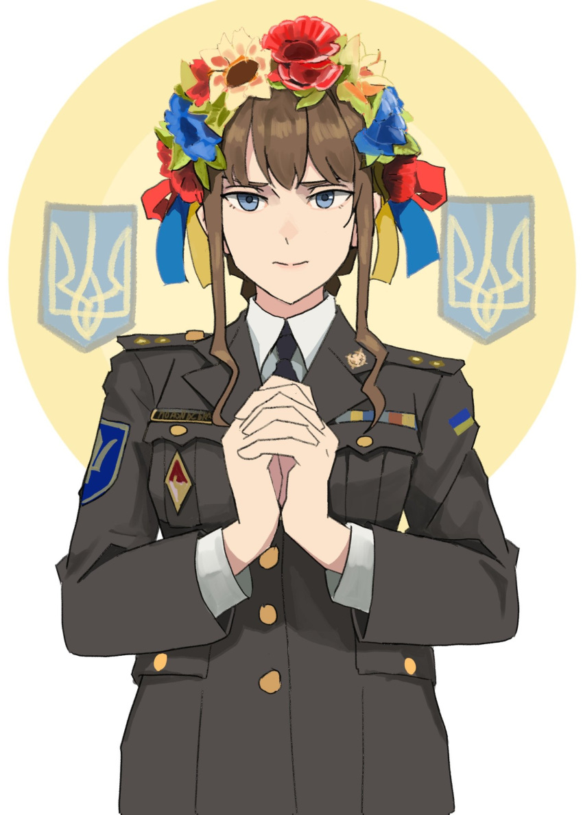 1girl, black_necktie, blue_eyes, brown_hair, brown_jacket, closed_mouth, collared_shirt, flower
