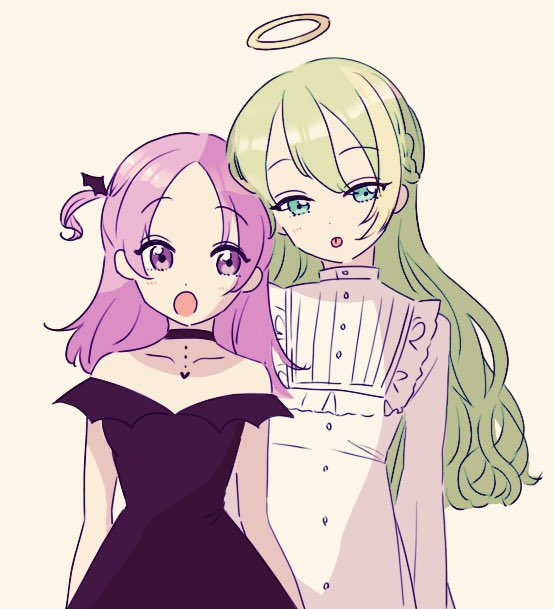 2girls, alina_gray, aqua_eyes, bangs, black_dress, blunt_ends, breasts, choker, dress, green_hair, hair_between_eyes, hair_ornament, halo, long_hair, magia_record:_mahou_shoujo_madoka_magica_gaiden, mahou_shoujo_madoka_magica, maji_0023, medium_hair, misono_karin, multicolored_hair, multiple_girls, open_mouth, parted_bangs, parted_hair, purple_hair, sidelocks, small_breasts, straight_hair, streaked_hair, two_side_up, very_long_hair, white_dress