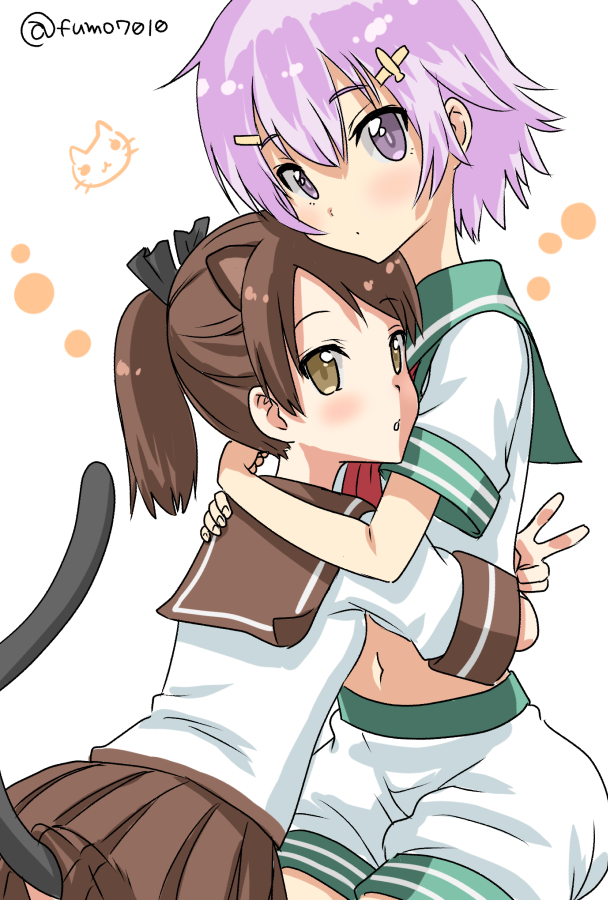 2girls, animal_ears, aqua_sailor_collar, brown_eyes, brown_hair, brown_sailor_collar, brown_skirt, cat_ears, cat_tail, cowboy_shot, hug, kantai_collection, kujira_naoto, looking_at_viewer, midriff, multiple_girls, neckerchief, pink_hair, ponytail, red_eyes, red_neckerchief, sailor_collar, school_uniform, serafuku, shikinami_(kancolle), shirt, short_hair, shorts, skirt, tail, tama_(kancolle), v, white_background, white_shirt, white_shorts