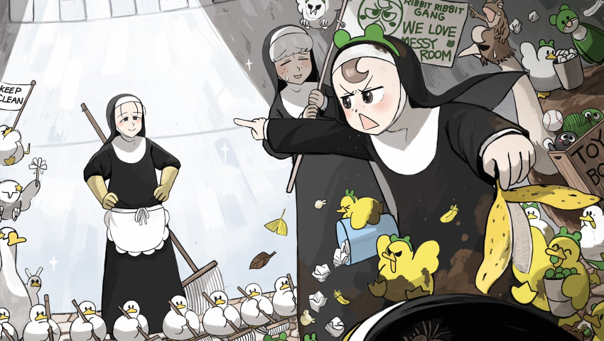 4girls, animal_ears, apron, banana_peel, barn_owl, bird, blonde_hair, brown_eyes