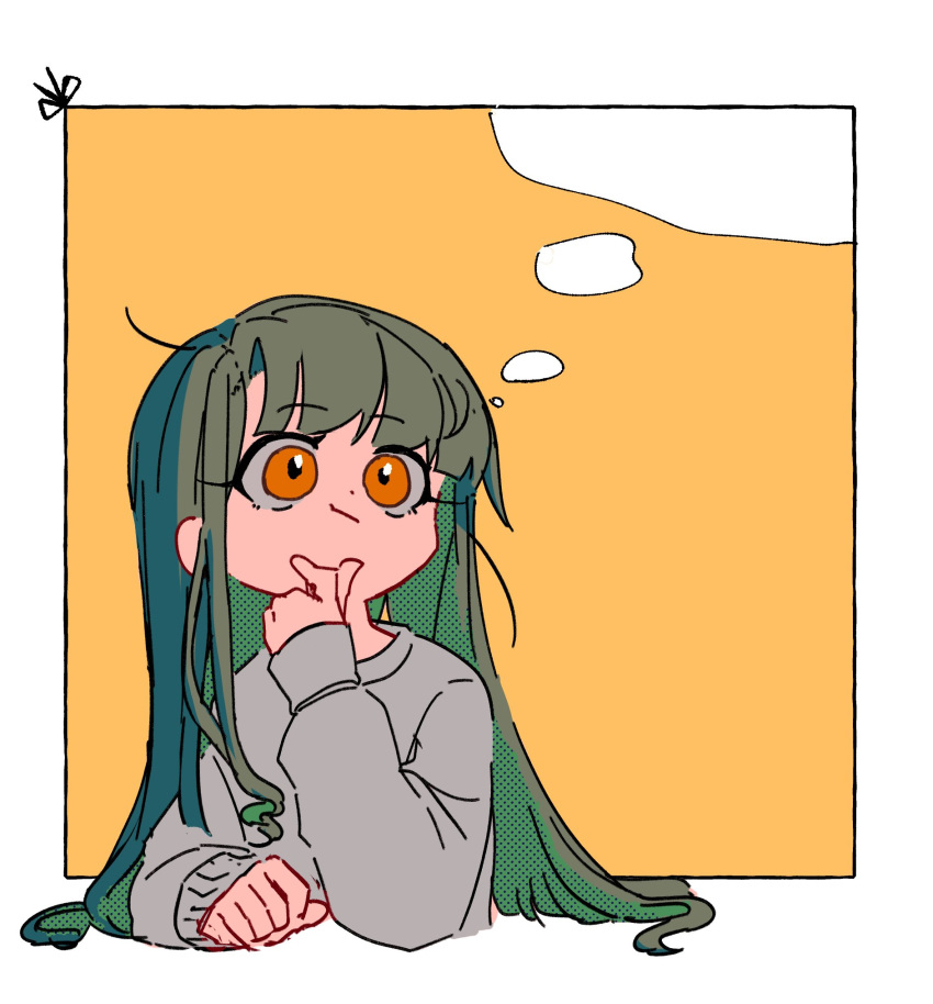 1girl, alternate_hair_color, bangs, closed_mouth, green_hair, grey_sweater, hand_up, highres