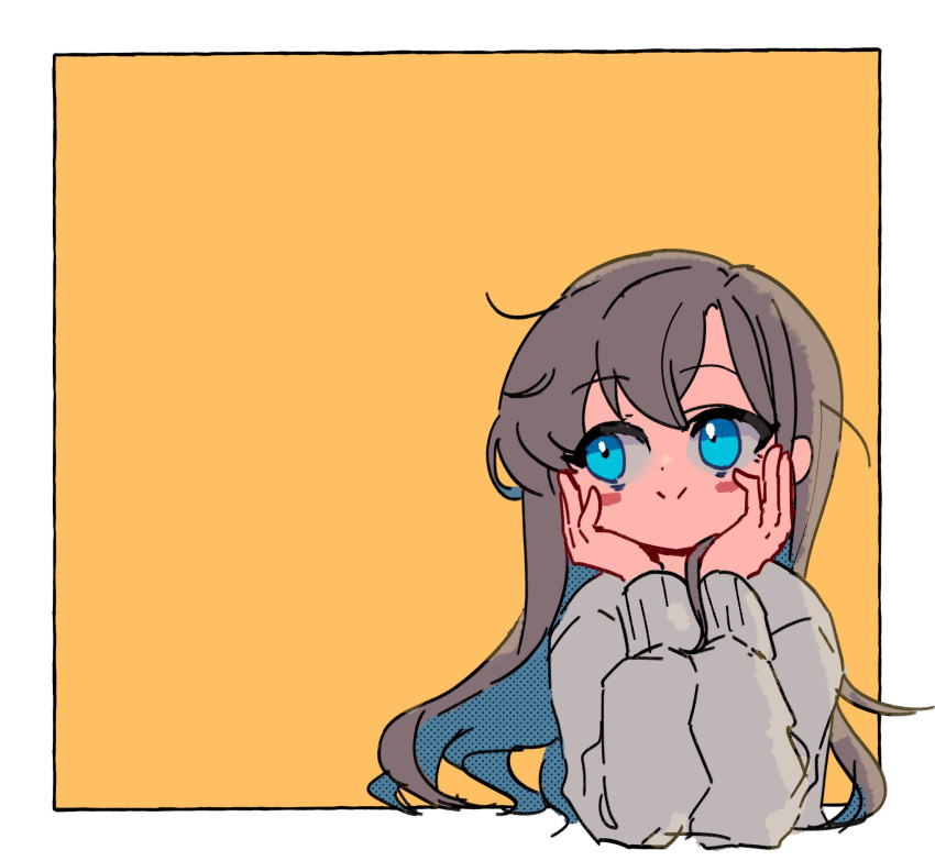 1girl, bangs, blue_eyes, blush_stickers, closed_mouth, grey_hair, hands_on_own_face, hands_up