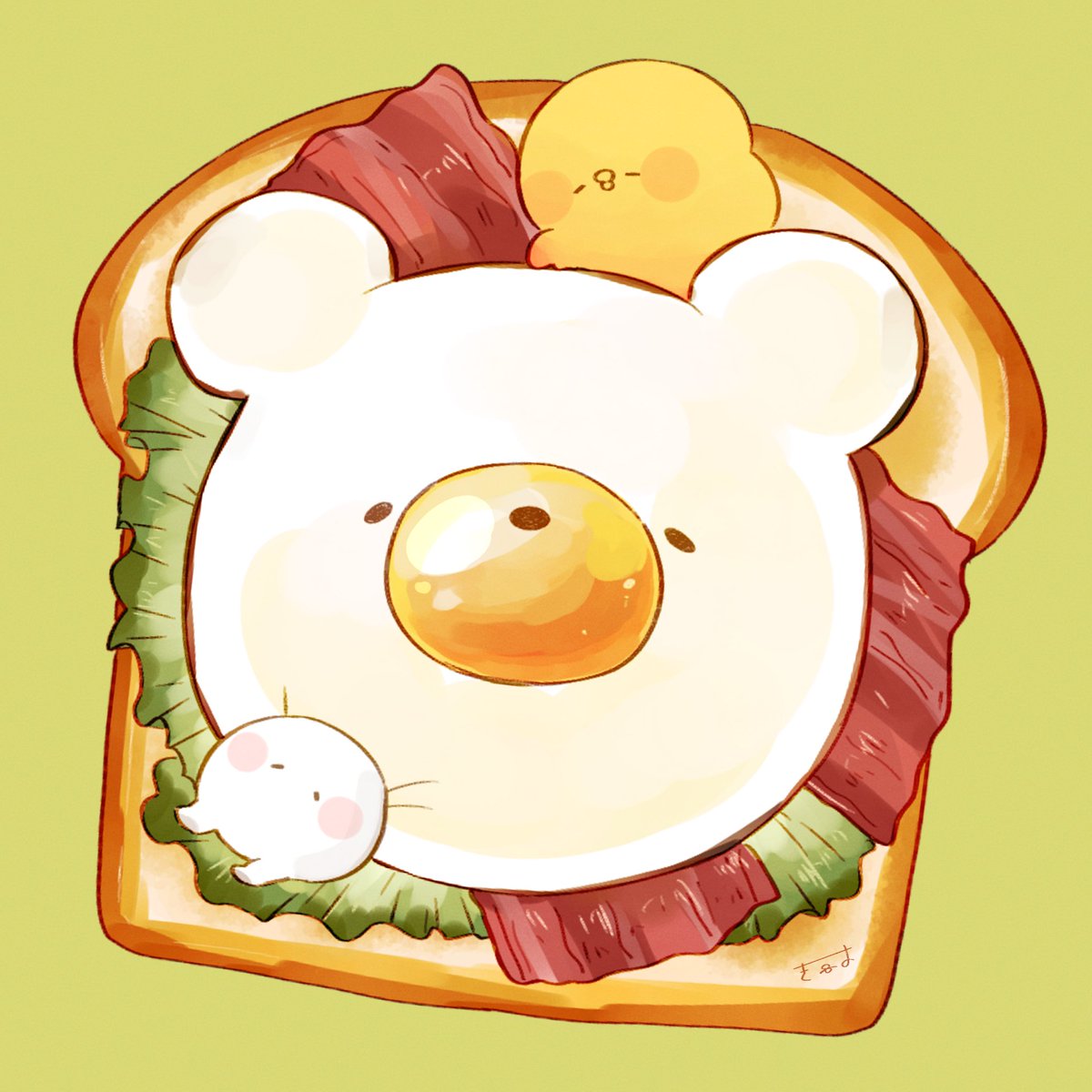 2others, animal-shaped_food, artist_name, bacon, bear, bird, blush_stickers, bread