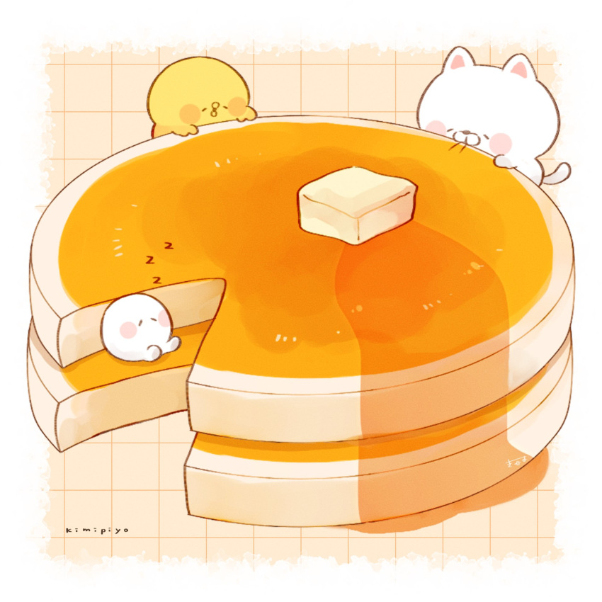 3others, blush_stickers, border, butter, cat, character_name, commentary, creature, english_text, food, food_focus, highres, kimipiyo_(tenmiyakiyo), lying, multiple_others, neko_(tenmiyakiyo), on_back, on_food, original, pancake, pancake_stack, sleeping, symbol-only_commentary, syrup, tenmiyakiyo, tsubumaru_(tenmiyakiyo), white_border, white_cat, yellow_background, zzz
