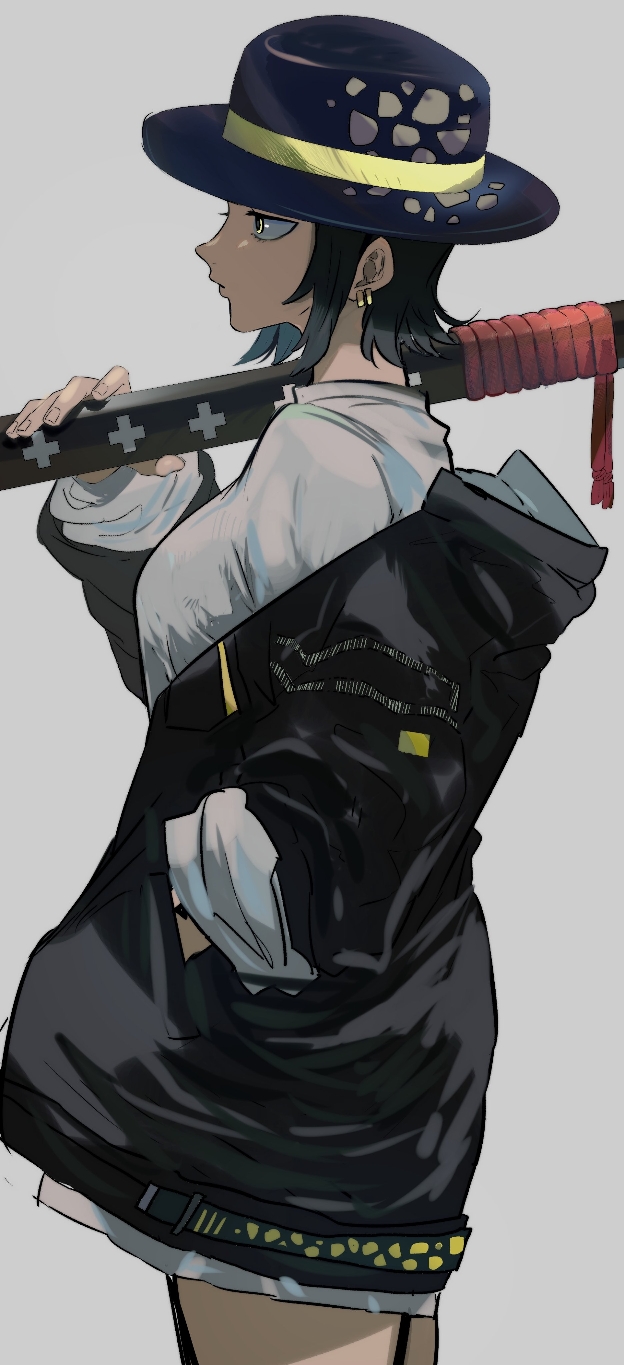 1girl, alternate_costume, alternate_hairstyle, black_hair, black_headwear, black_jacket, breasts, chacoma