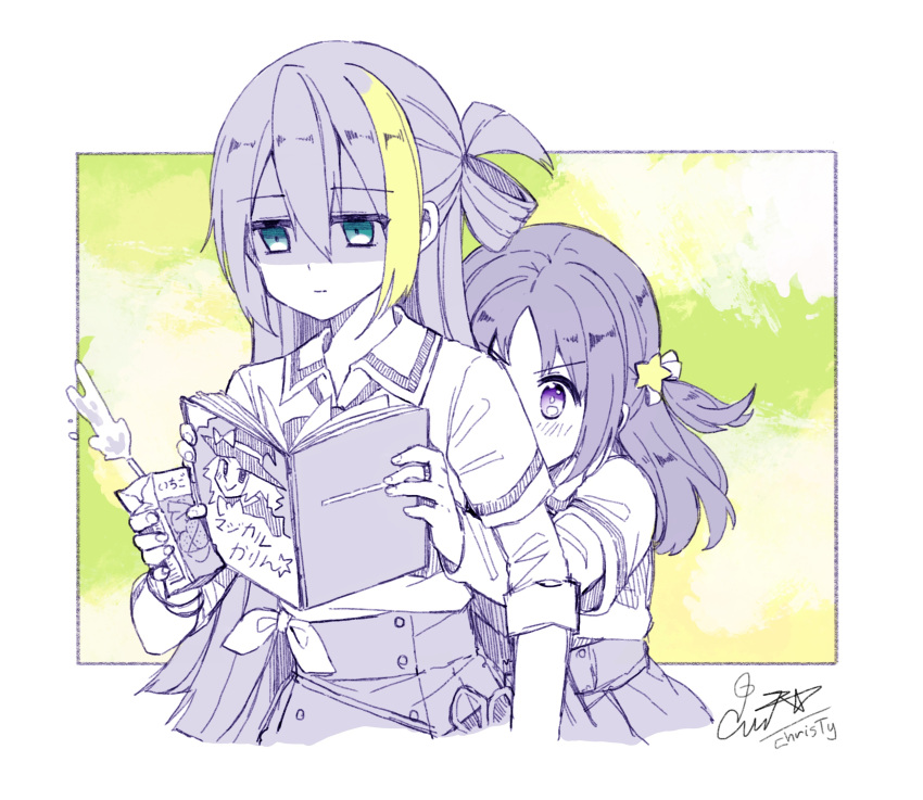 2girls, alina_gray, bangs, blunt_ends, bow, bowtie, christy_mii, hair_between_eyes