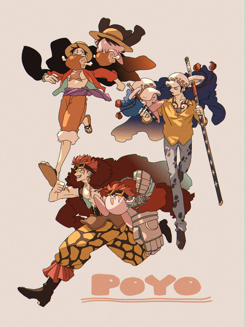3boys, black_hair, boned_meat, chizuko_(chiduk0), coat, coat_on_shoulders, cosplay, eustass_captain_kid